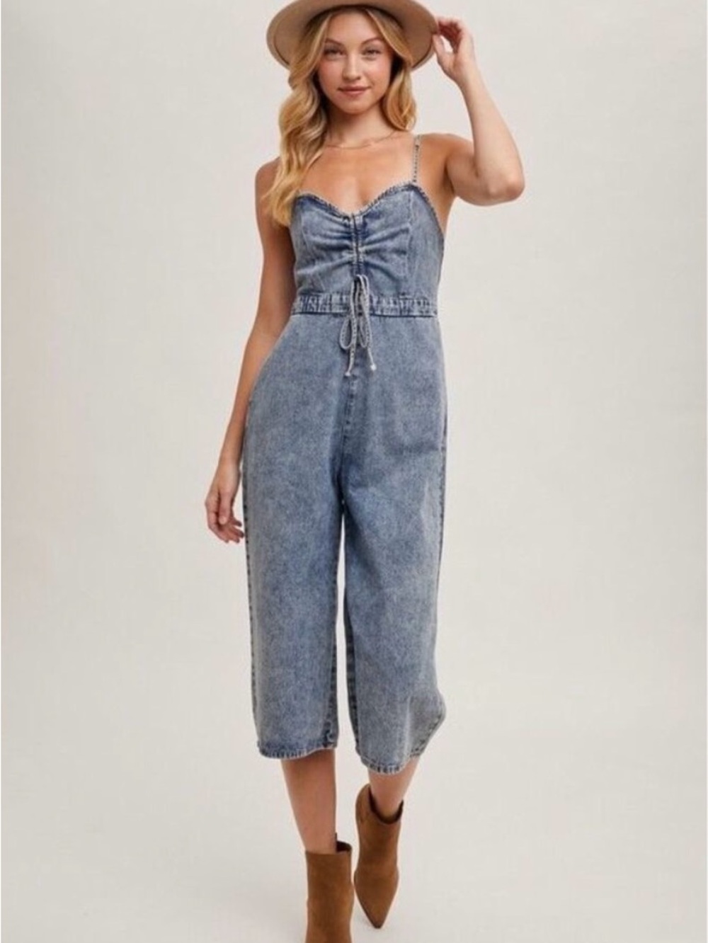 Bluivy Washed Blue Denim Jumpsuit with Drawstring
